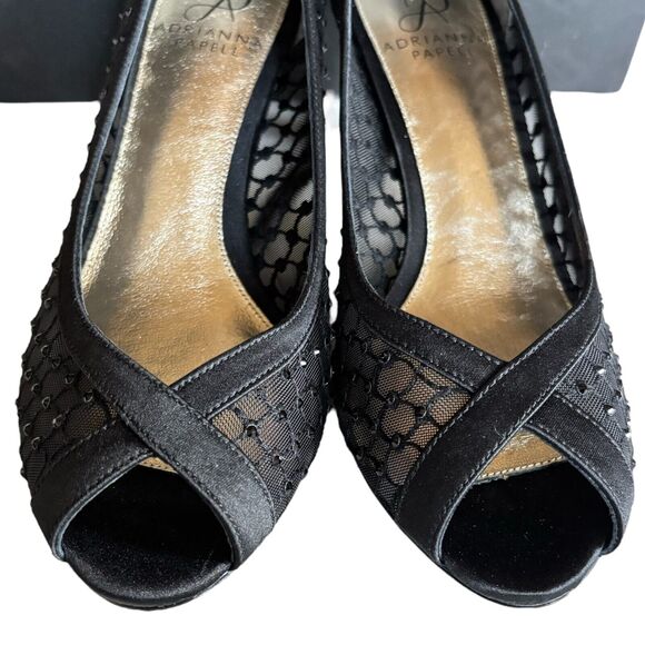 Adrianna Papell Zandra Size 8 Black Embellished Mesh Peep Toe Pump Heels - Picture 3 of 7